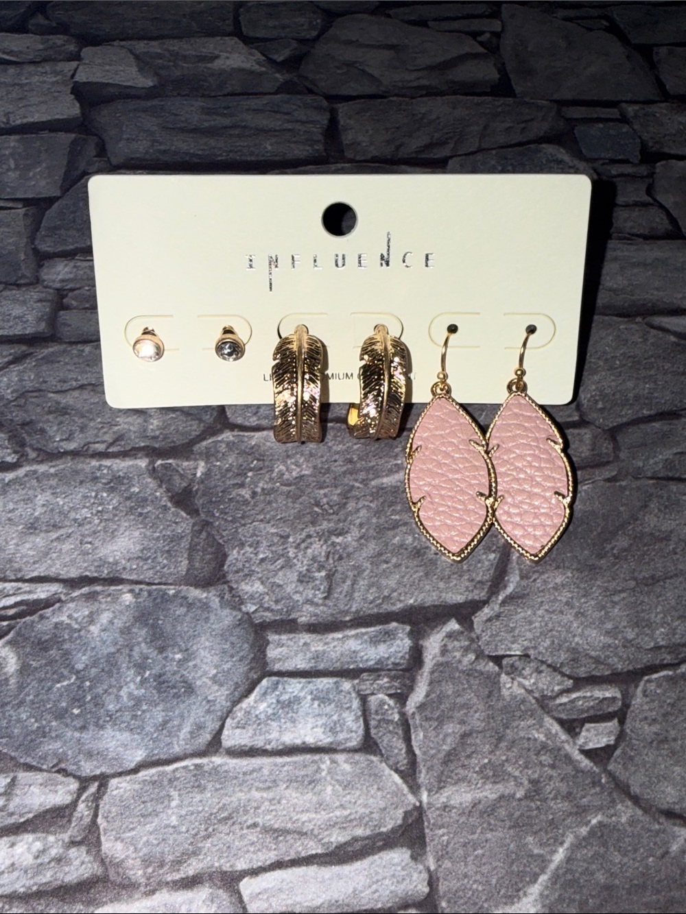 Influence Mauve Pink Leather Leaf Drop Earrings with Gold Accents - 3-Pair Set